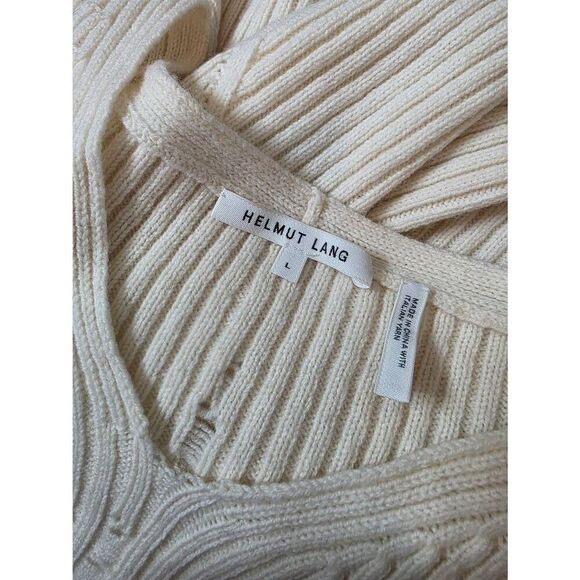 HELMUT LANG V-Neck Drop-Needle Wool Sweater Cream Distressed L - Picture 10 of 10